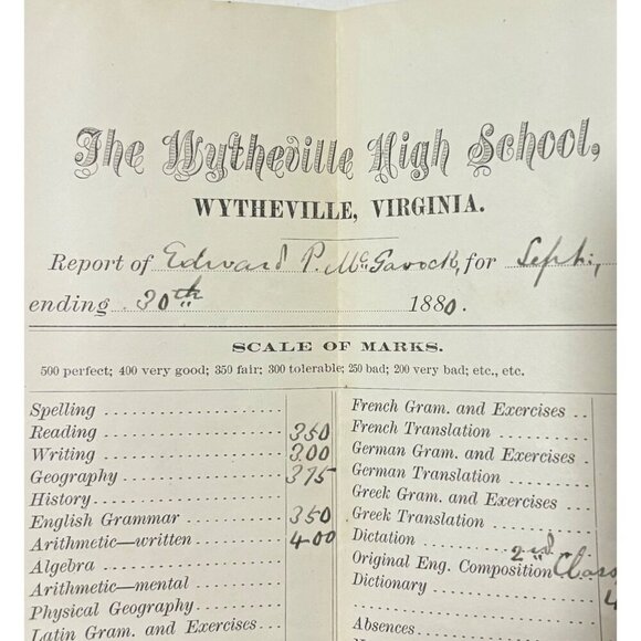 Antique 1880 Wytheville High School Student Report Card William Meade McGavock - Picture 3 of 4